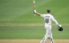 New Zealand opening batsman Tom Latham celebrates his century on Day 1. 2nd Test match. New Zealand Black Caps v England. International Cricket at Seddon Park, Hamilton, New Zealand. Friday 29 November 2019