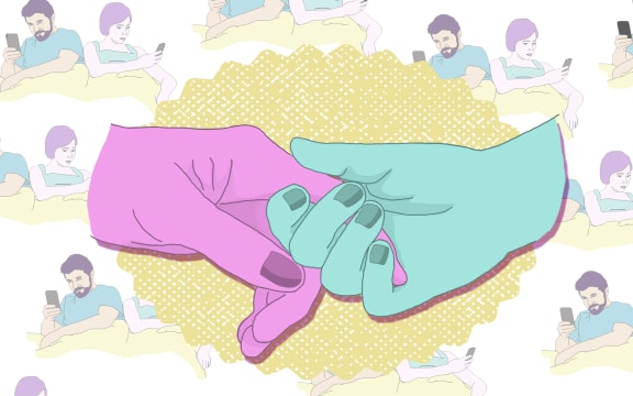 Illustration shows two images overlaying each other - the first is of two hands reaching to connect, the background image shows a couple together in bed but both on their phones. Image by Pinky Fang
