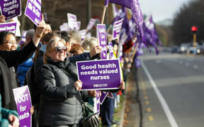 Nurses strike outside Christchurch Hospital.