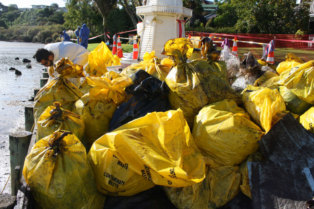 Bags of waste and oil collected at Maungatapu, near Tauranga.