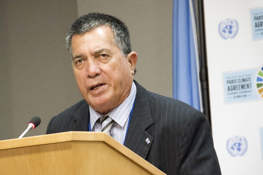 John Silk, Minister for Foreign Affairs of the Republic of the Marshall Islands, speaks at a press briefing of representatives from the "high ambition coaltion" gathered at UN Headquarters today for the historic signing of the Paris Agreement on Climate Change.