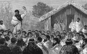 The Prophet Te Whiti Addressing a Meeting of Natives from The Graphic (1881)