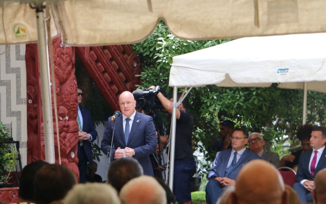 National Party leader Christopher Luxon speaking at Waitangi in 2023. In his speech Luxon said his party wants to see all Treaty claims settled and National would work 