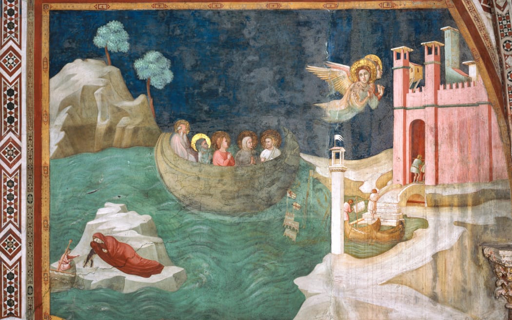 Assisi, the Lower Basilica of St. Francis, Chapel of the Magadalene, the eastern wall: Scenes from the life of the Magdalene, "The Voyage of the Magadalene to Marseille and the miracle of the governor's family found in the deserted island".