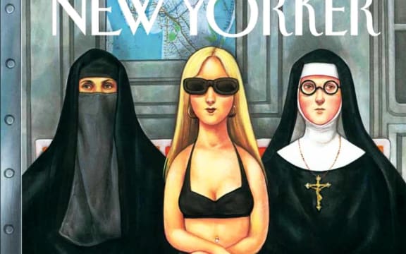 New Yorker cover cartoon with women in niqab, bikini and nun's habit