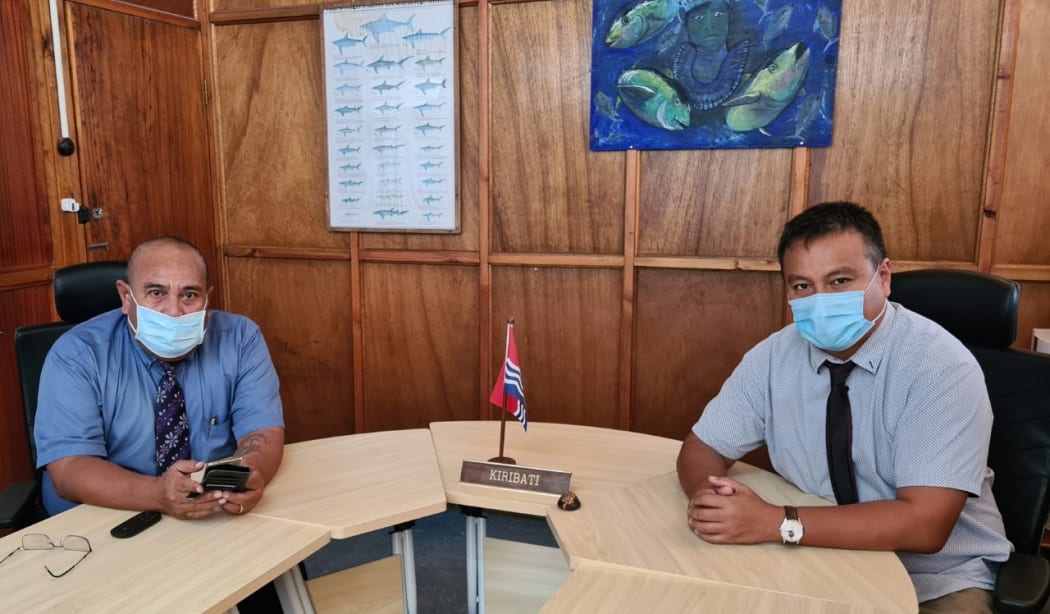 Left to right Kiribati fisheries minister Ribanataake Tiwau and Kiribati health minister Tinte Itinteang who are part of the country's Covid-19 Response Taskforce.