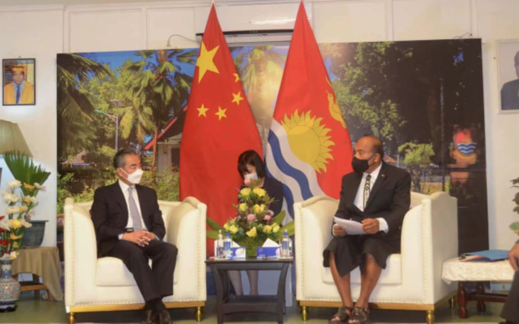 Chinese Foreign Minister Wang Yi and Kiribati President Taneti Maamau