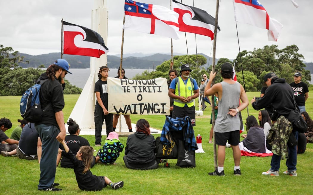 人们在怀唐伊举着“Honour Te Tiriti o Waitangi”的标语。