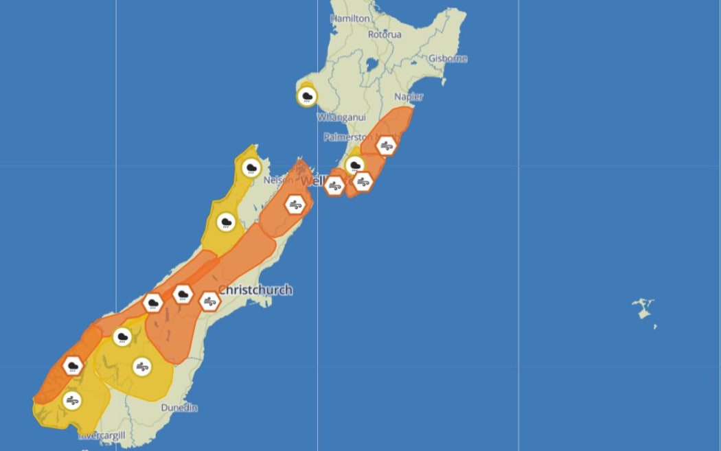 Rain and wind warnings are in place for many parts of south and central New Zealand.