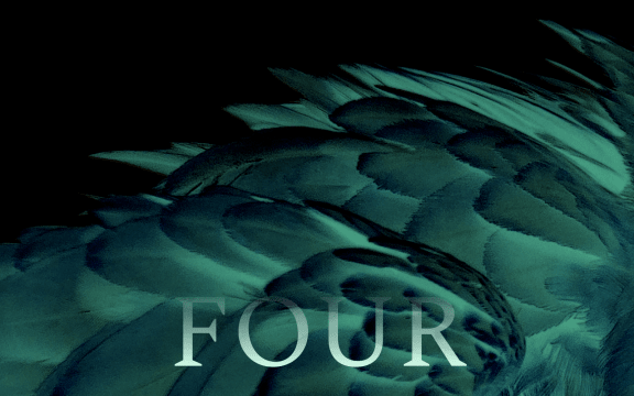 Ghostly sickly green feathers are reminiscent of churning water, the word "Four" is imposed over the image.