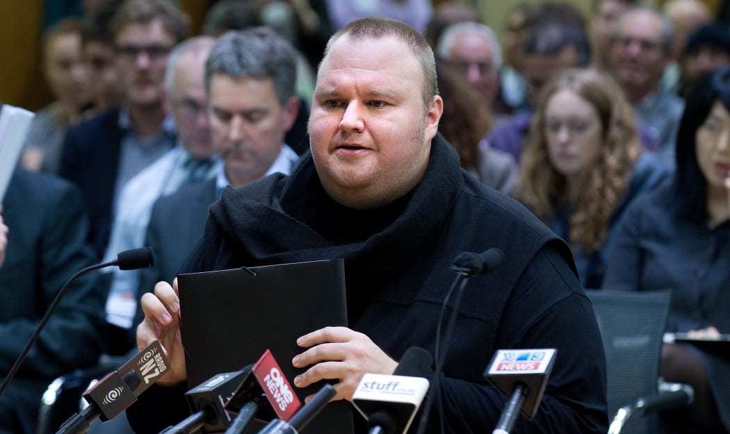 Kim Dotcom at a parliamentary committee hearing on GCSB legislation in July last year.