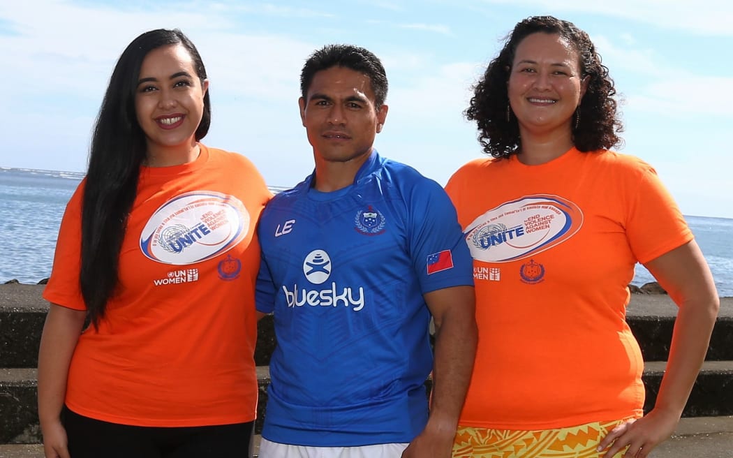 Manu Samoa captain David Lemi shows his support for campaign to end violence  against women.