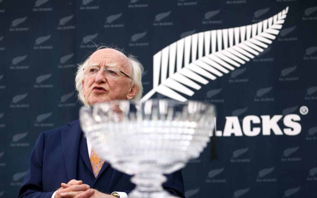 Irish President Michael D. Higgins during a presentation to New Zealand Rugby in memory of Dave Gallaher.