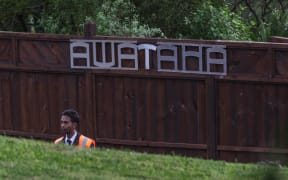 Security guard outside Awatahi Marae in Akoranga, Aucklands North Shore, where interns for the Labour Party have been staying.
