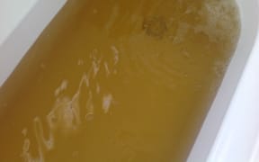 Discolored water fills a bath tub in Foxton Beach.