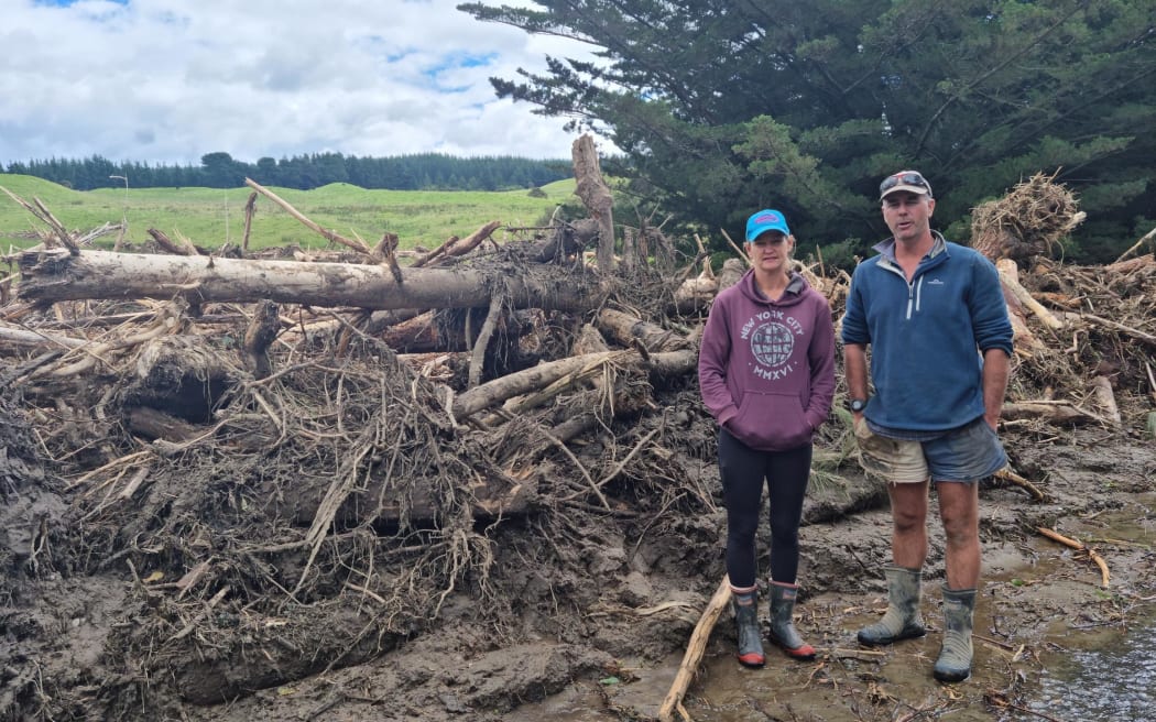 cameroon timber Suz and Campbell Bremner had piles of slash wash on to their farm near Waiwhare, Hawke's Bay, when Cyclone Gabrielle hit.