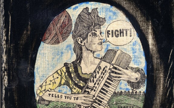 album cover artwork for Renee Louise Carafice 'Tells You To Fight' : a drawing of a woman playing an electric piano with a speak bubble saying "fight!"