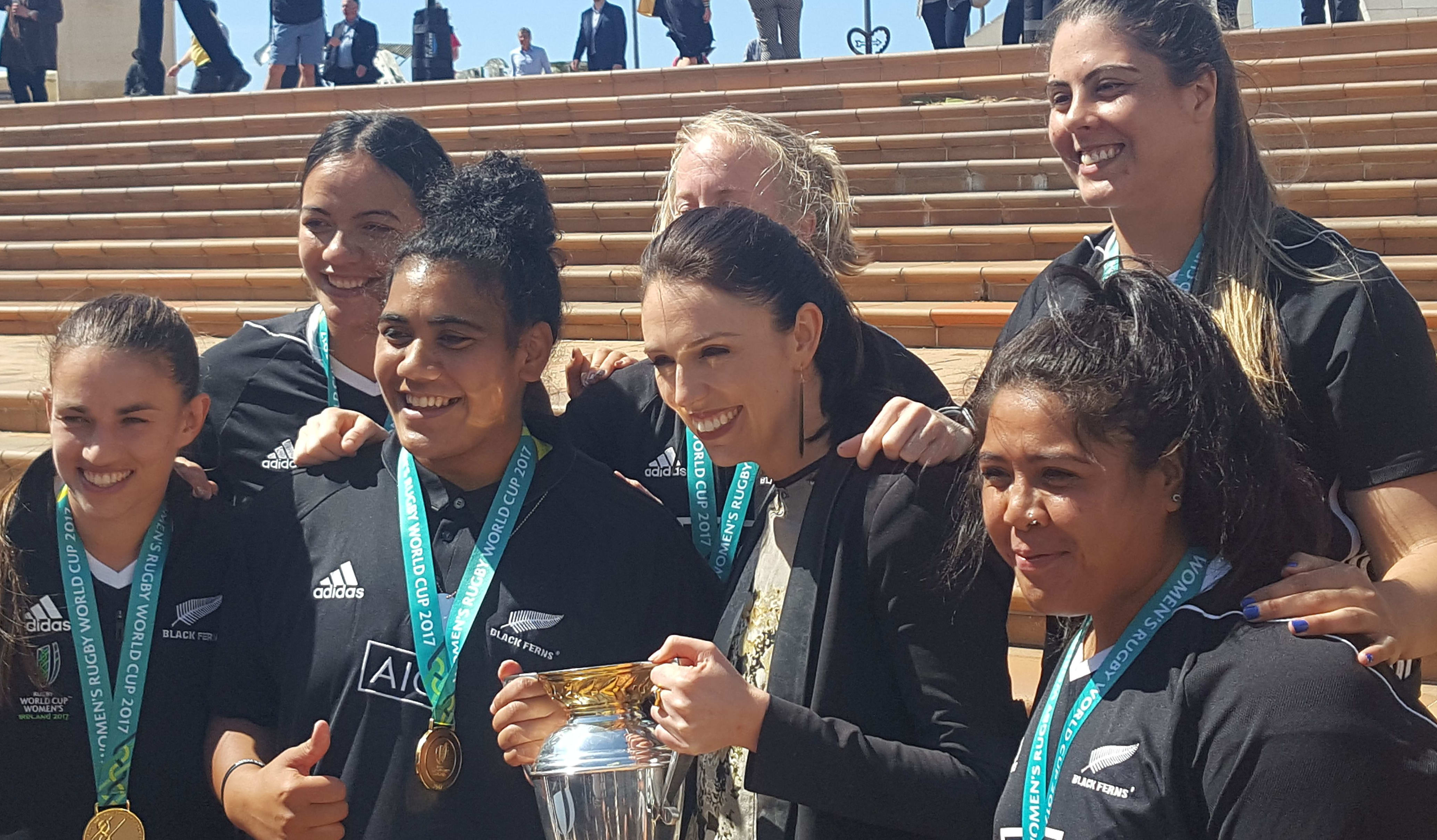Labour leader Jacinda Ardern with the Black Ferns Labour leader Jacinda Ardern with the Black Ferns in Civic Square in Wellington.
