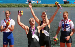 Hamish Bond and Eric Murray celebrate their gold medal win at the London Olympics.