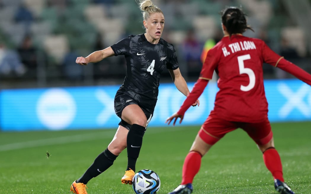 CJ Bott of Football Ferns during the international friendly match at McLean Park, Napier , New Zealand on Monday10 July 2023. Mandatory credit: Lynne Cameron / www.photosport.nz