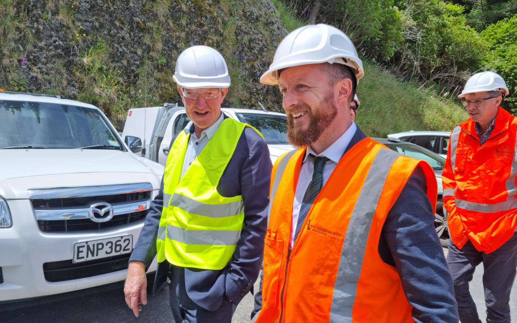 Nelson mayor Nick Smith and Emergency Management minister Kieran McAnulty at a SH6 repair site north of Nelson.