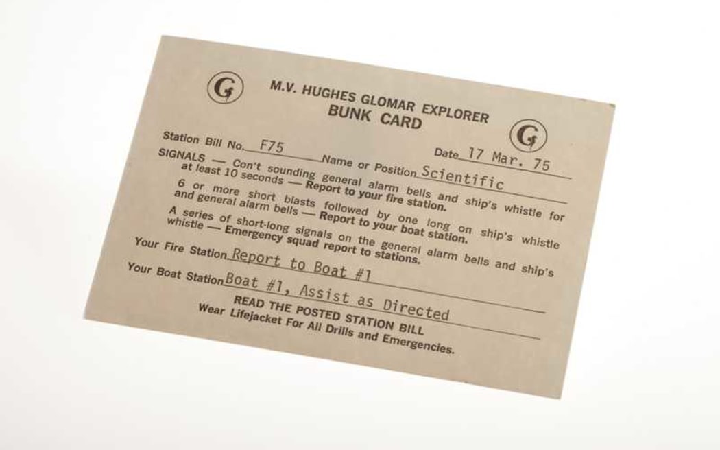 Crew members aboard the Glomar Explorer received bunk cards, which indicated what to do in case of fire or emergency, as well as where to report in the event of an evacuation, displayed in the CIA Museum.