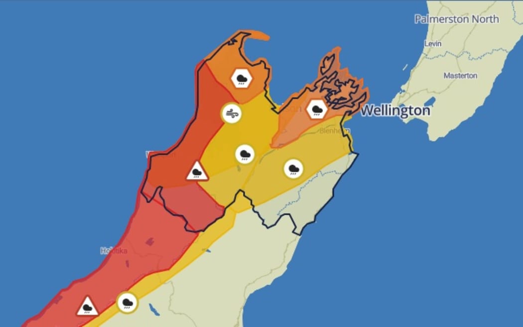 The MetService weather watch page included alerts for many parts of New Zealand on Tuesday night.