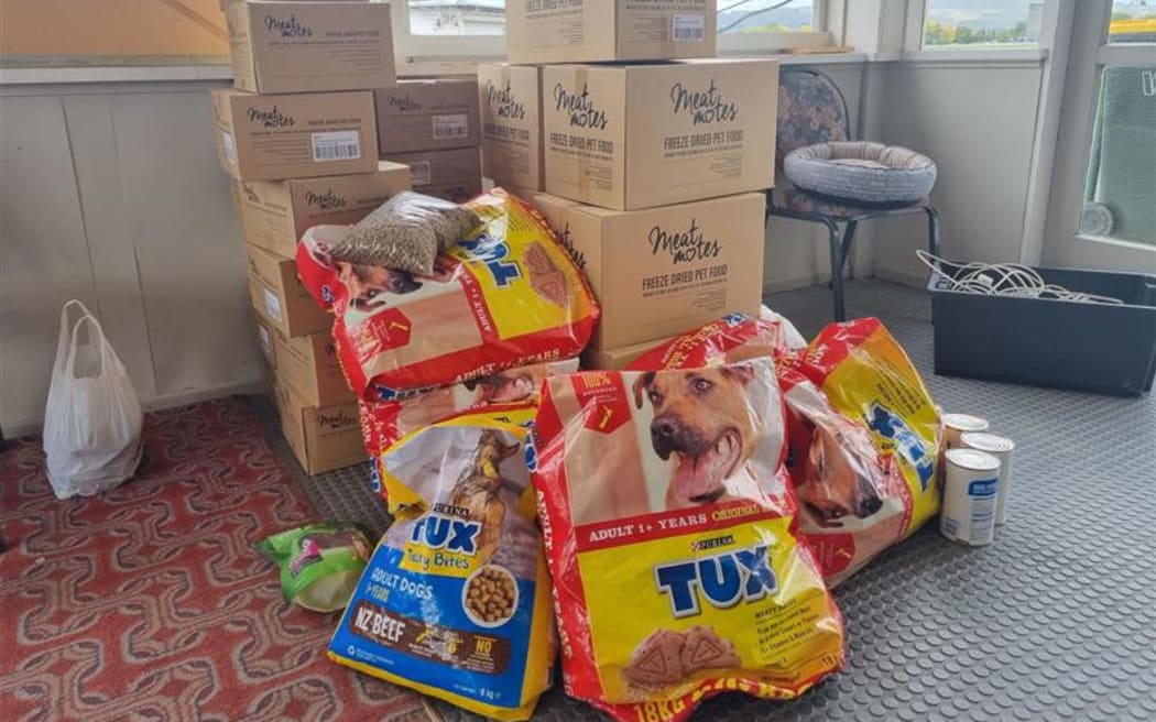 Donations of pet food at the Hastings Racecourse where a temporary animal shelter has been set up, run by MPI, HUHA and the SPCA.