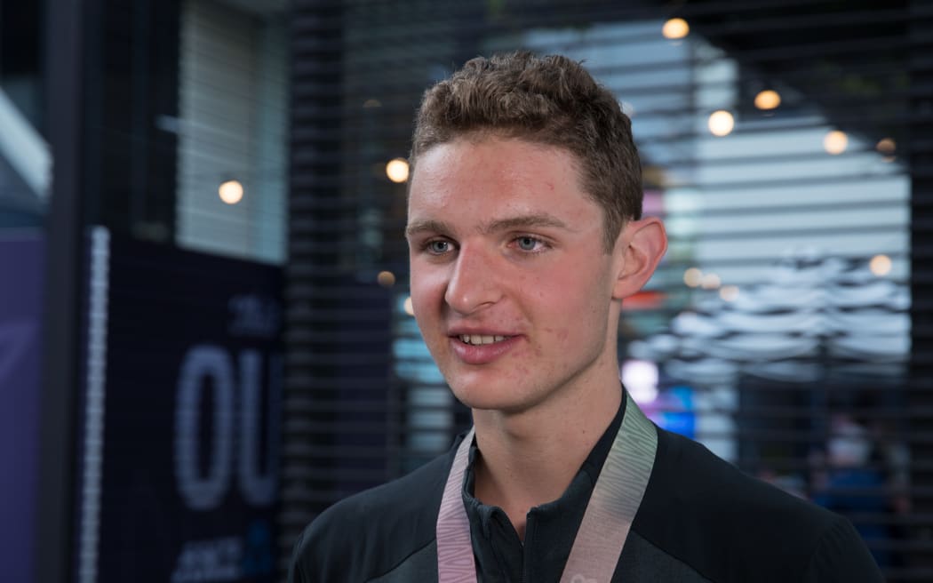 Swimmer Lewis Clareburt at NZ House on the Gold Coast after winning bronze in the men's 400-metre medley at the 2018 Commonwealth Games.