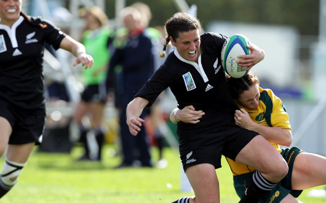 Rebecca Mahoney tackled by Tricia Brown
Women's rugby world Cup rugby union test match, New Zealand Black Ferns v Australia, Surrey Sports Park, England. 
Tuesday 24 August 2010.