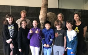 Nanogirl, Dr Lara Shepherd and Dr Alan Tennyson with students from Clyde Quay School including; Noelle Schille, Aiden Zhao, Nate Toews, Sadie Donaldson and Eleanor Royson.