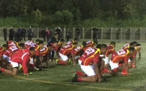The Tonga Under 15 rugby team perform a haka during their New Zealand tour.