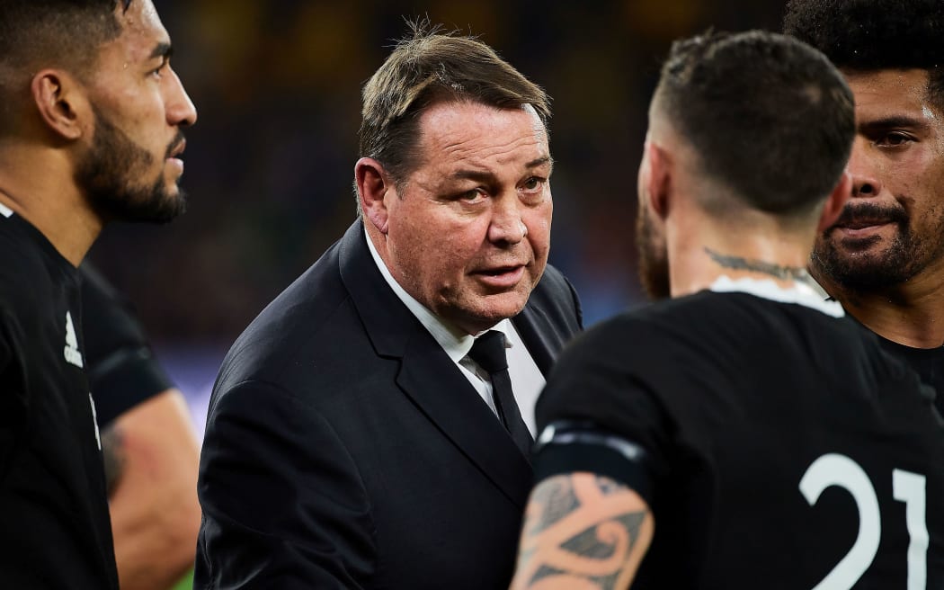 All Blacks coach Steve Hansen speaking to the team after the 2019 Bledisloe Cup match loss.