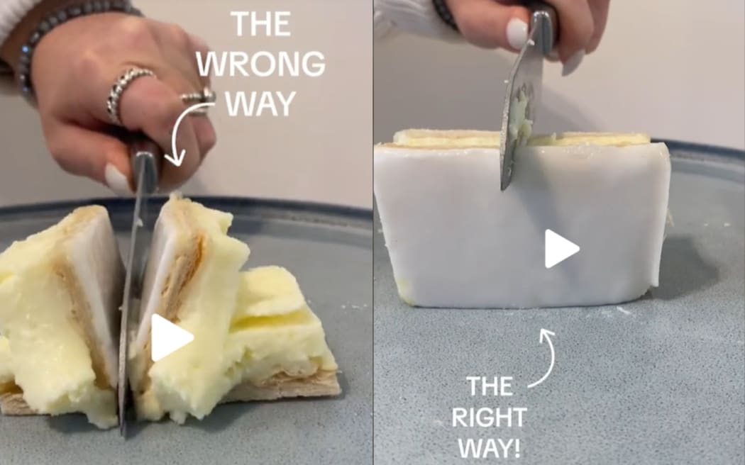 A composite image showing two methods of cutting a custard slice, as shown by Ferguson Plarre Bakehouse, Melbourne