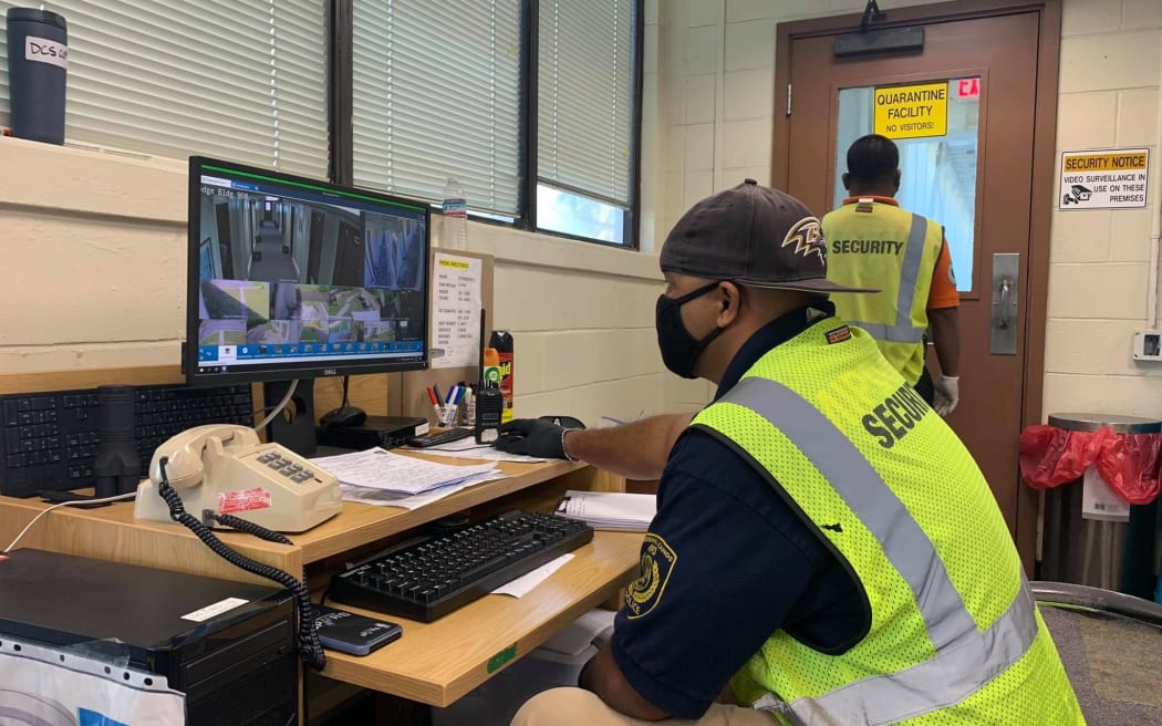 Security personnel keep an eye on things at one of the Covid quarantine sites at the US Army Garrison-Kwajalein Atoll that has handled the repatriation of close to 3,000 people since June 2020.