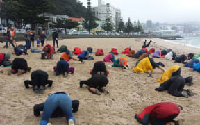 About 50 people took part in today's protest at Oriental Bay, Wellington.