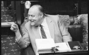 Prime Minister Robert Muldoon reading the budget, 29 July 1983.