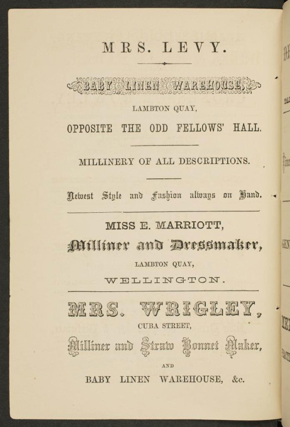 Bull’s Wellington almanac and mercantile directory, for the year 1866. Page of ads for Mrs Levy’s Baby Linen Warehouse and Miss E Marriott and Mrs Wrigley, Milliners.