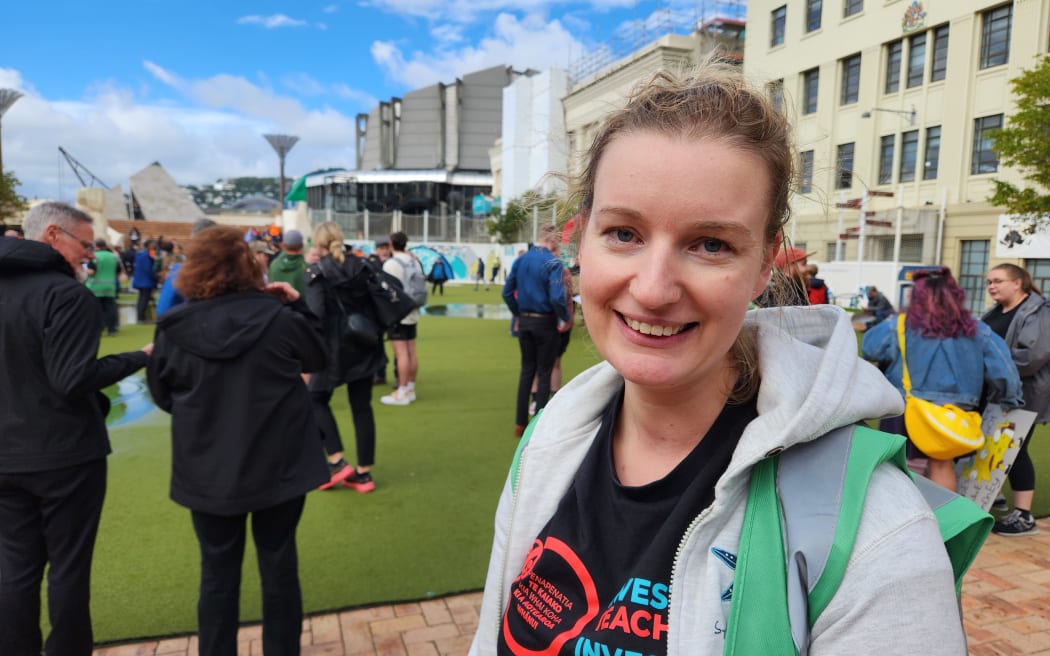 Striking teacher Clare Preston in Wellington's Civic Square ahead of the March on Parliament on 10 May, 2023.