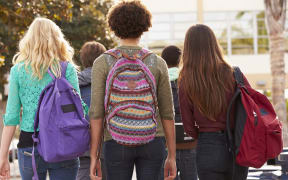 Rear View Of Students Walking To High School