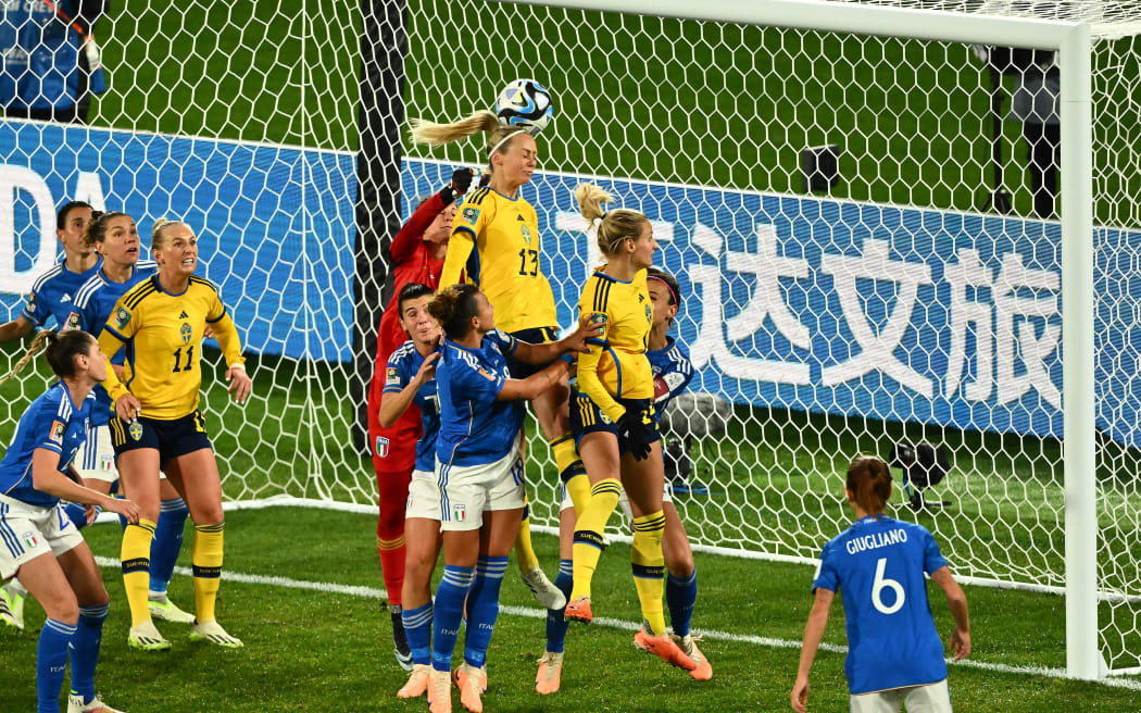 Sweden’s Amanda Ilestedt heads the ball against Italy during their FIFA World Cup group game in Wellington.