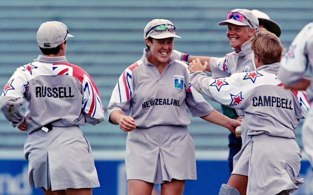 Debbie Hockley celebrates taking a catch against Australia at the 1995 World Cup in Auckland.