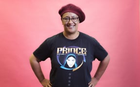 RNZ's Māori Strategy Manager Shannon Haunui-Thompson in her Prince t-shirt AND raspberry beret!