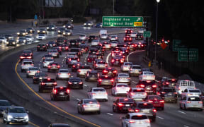 Motor vehicles on the 101 freeway in Los Angeles, California, 2019.