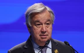 United Nations Secretary General Antonio Guterres delivers a speech at an event launch for the climate TRACE initiative, a greenhouse gases inventory of the largest facility-level sources, during the COP27 climate conference at the Sharm el-Sheikh International Convention Centre, in Egypt's Red Sea resort city of the same name, on November 9, 2022.