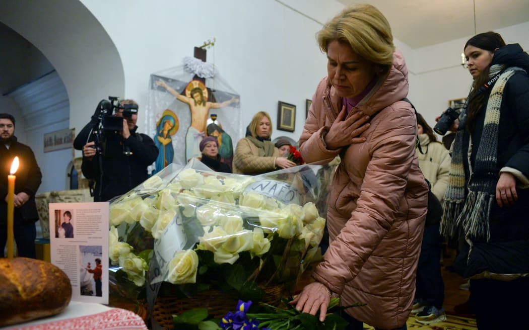 Mourners pay tribute to Andrew Bagshaw at the Refectory Church of the Saint Sophia Monastery, Kyiv, capital of Ukraine on 29 January 2023. British nationals Andrew Bagshaw, 47, and Chris Parry, 28, died in a Soledar rescue attempt when their cars were hit by a shell.
