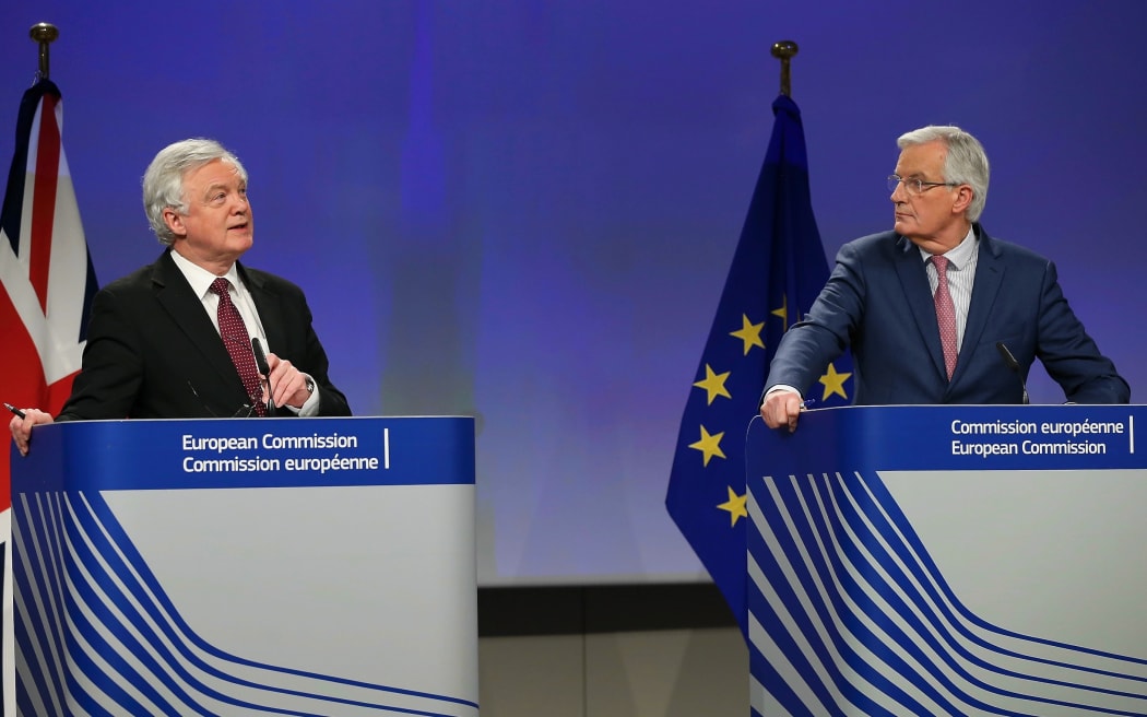 MARCH 19: Secretary of State for Exiting the European Union David Davis (L) and European Union's chief Brexit negotiator Michel Barnier (R) hold a press conference following Brexit talks in Brussels, Belgium, on Monday, March 19, 2018.