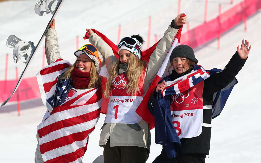Snowboard Big Air ladies winners Anna Gasser (centre, Gold) from Austria, Jamie Anderson (left, Silver) from the USA and Zoi Sadowski Synnott (right, Bronze) from New Zealand.