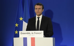 Emmanuel Macron delivers a speech at his campaign headquarters in Paris after the second round of the French presidential election.