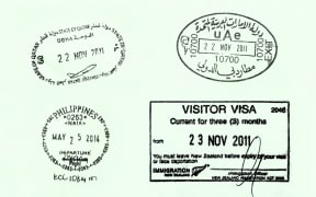 Passport page with arrival & departure stamps from various countries.